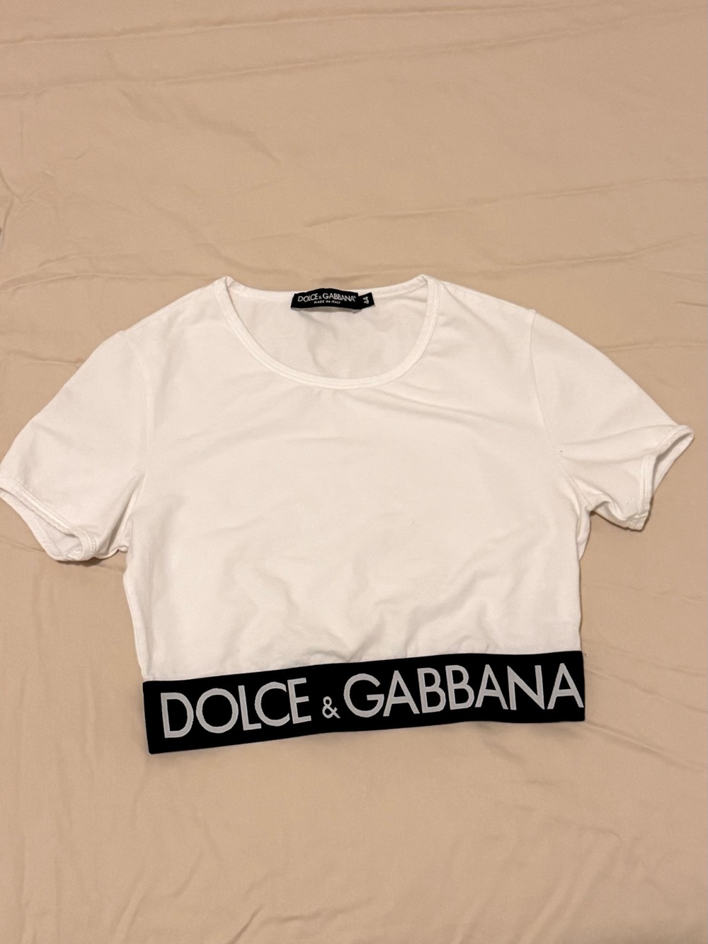 Dolce & Gabbana White Crop Top with Black Logo Band